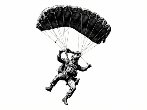 A monochromatic illustration of a military paratrooper descending with a parachute.