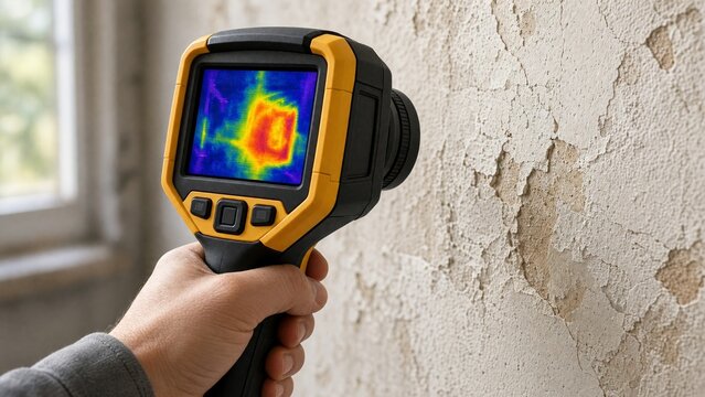 Hand Holding Thermal Imaging Camera to Detect Heat Loss and Structural Damage on Wall