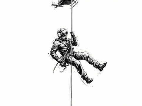 A detailed black and white illustration of a military soldier rappelling from a helicopter.