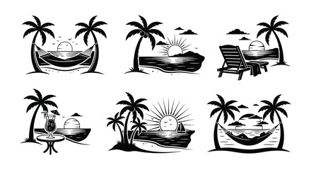 Tropical island scenes with palm trees and beach elements black vector illustrations © Md