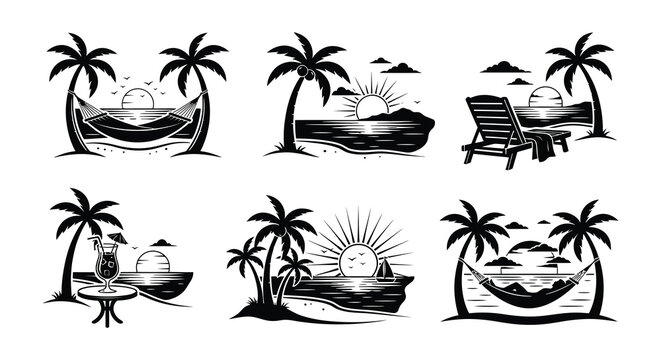 Tropical island scenes with palm trees and beach elements black vector illustrations