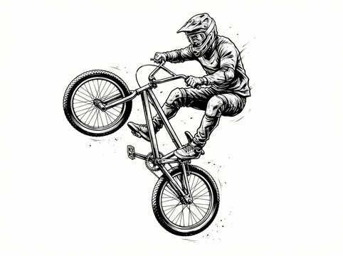A detailed black and white sketch of a cyclist performing a stunt on a bicycle.