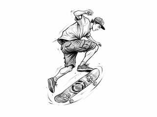 Fototapeta na wymiar A detailed black and white sketch of a young skateboarder performing an aerial trick.
