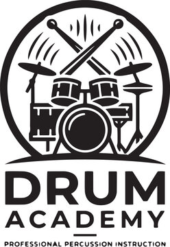 Drum academy logo design featuring stylized drumsticks and musical elements