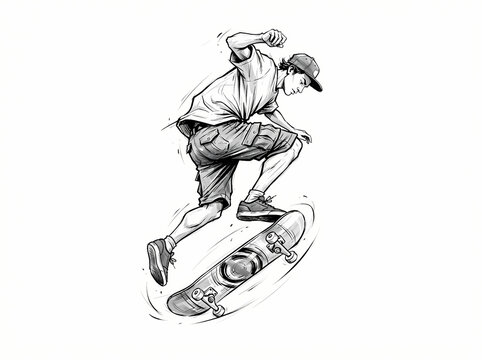 A detailed black and white sketch of a young skateboarder performing an aerial trick.