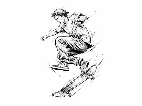 A dynamic black and white sketch of a skateboarder performing an aerial trick.