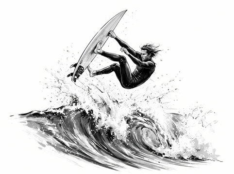 A dynamic black and white illustration of a surfer performing an aerial maneuver above a crashing wave.