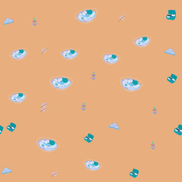 Cartoon Food Bowls and Plants Seamless Pattern