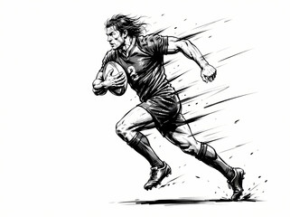 Obraz premium Dynamic black and white illustration of a rugby player sprinting with the ball.