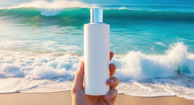 Person holding a white sunscreen bottle on a sunny tropical beach