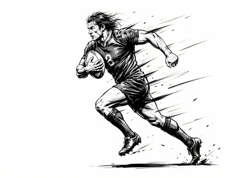 Dynamic black and white illustration of a rugby player sprinting with the ball.