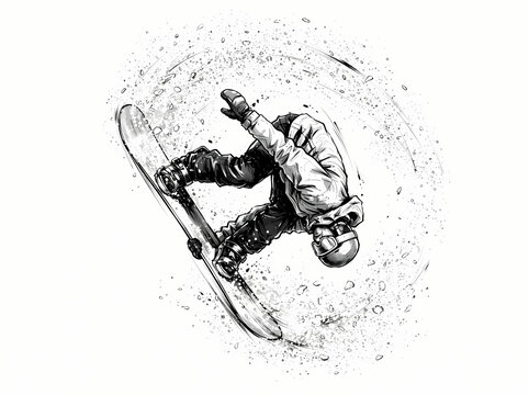 Dynamic black and white illustration of a snowboarder performing an aerial trick.