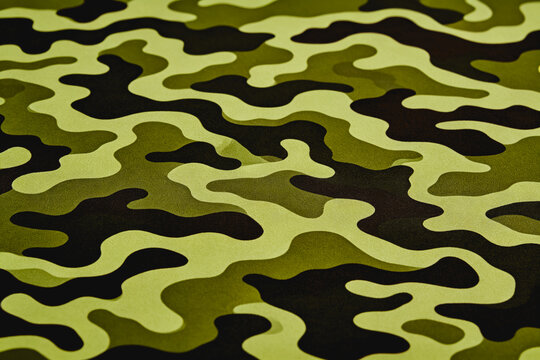 A camouflage pattern with organic wavy shapes in varying green, brown and light tones, suitable for textile or background use.