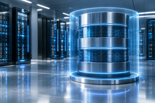 3D Futuristic Database and Cloud Computing Server Room with Glowing Digital Storage Infrastructure, Cyber Security and Big Data Storage Concept Featuring Metal Server Cylinder in Modern Data Center