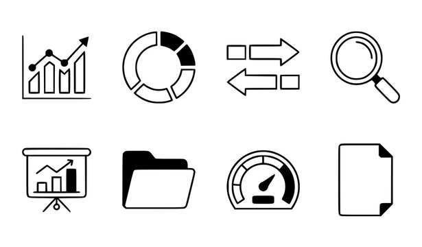 Business and data analysis icons set with chart icon graph icon pie chart magnifying glass search icon data reporting folder icon performance meter document ico