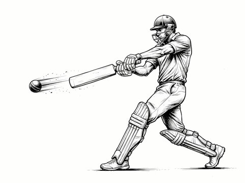A detailed black and white illustration of a cricket batsman hitting a ball.
