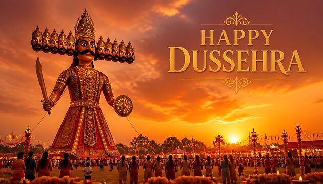 Giant effigy of ravana standing in a crowded field during a sunset dussehra celebration