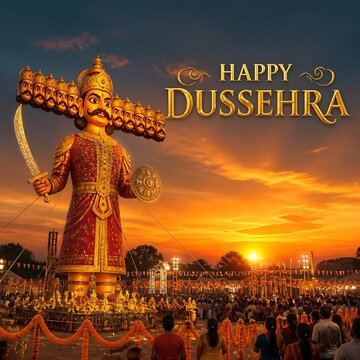 Large illuminated effigy of the demon king ravana against a golden sunset sky for dussehra