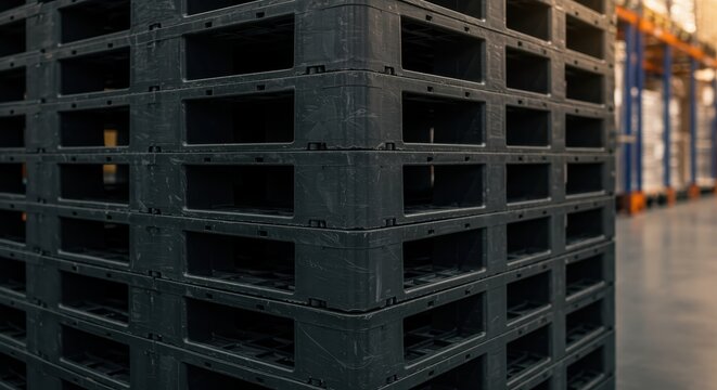 Plastic pallet stack in warehouse storage area with industrial shelving racks