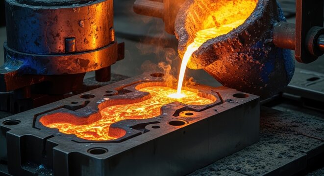 Molten metal pouring into mold manufacturing process in foundry industrial environment