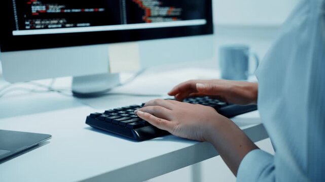 Female programmer's hands typing code on a black keyboard at a modern office desk with a computer monitor displaying data