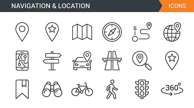 Navigation and location line icons set with map markers and travel symbols