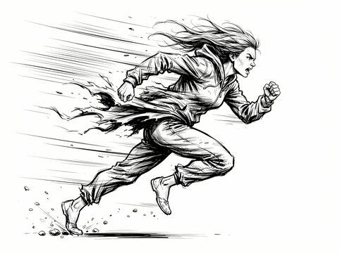 A determined woman sprinting forward with intense speed and motion.