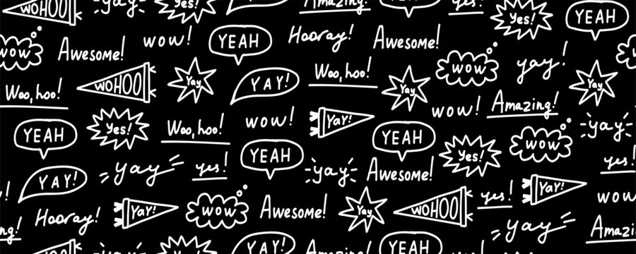 Bubble Cloud Yay Quote Text Seamless Pattern. Bubble Speech Balloon Background. Comic Positive Type Think Bg. Vector Handdrawn Illustration