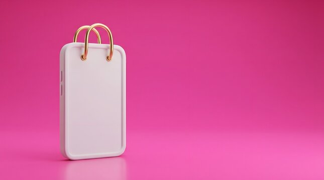 White smartphone shaped shopping bag with shiny gold handles standing against a solid vibrant pink background representing modern mobile e-commerce concepts and digital retail shopping trends.