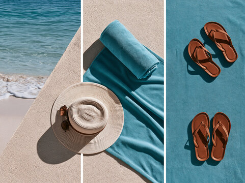 A beach scene with a straw hat, blue towel, and flip-flops laid out on the sand and a blue surface, with the ocean and waves in the background