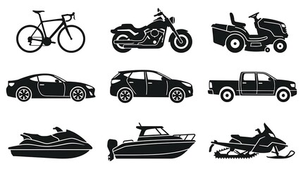 Obraz premium Set of black silhouette icons featuring various types of vehicles and transportation
