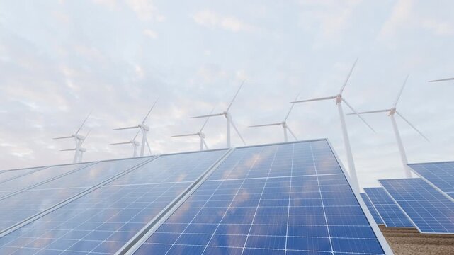 solar cell plant and wind generators in urban area connected to smart grid.Energy supply,eolic turbine,distribution of energy,Powerplant,energy transmission, high voltage supply concept.