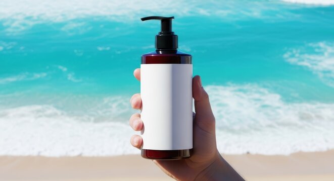 Person holding a bottle of sunscreen lotion on a sunny beach background