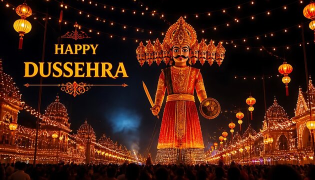 Crowd gathered to celebrate dussehra festival with a large effigy of a multi-headed king