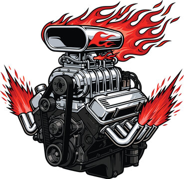 Supercharged V8 engine with blower intake and hot rod flames vector illustration for custom car garage or drag racing t-shirt, isolated on white background