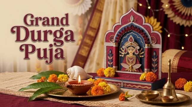 Beautifully crafted paper quilling Goddess Durga idol displayed with traditional puja elements on festive table setup.