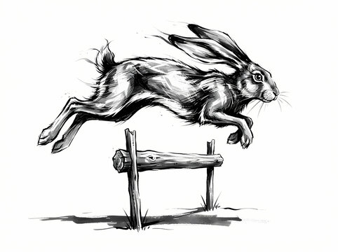 A dynamic ink illustration of a wild hare leaping over a wooden hurdle.