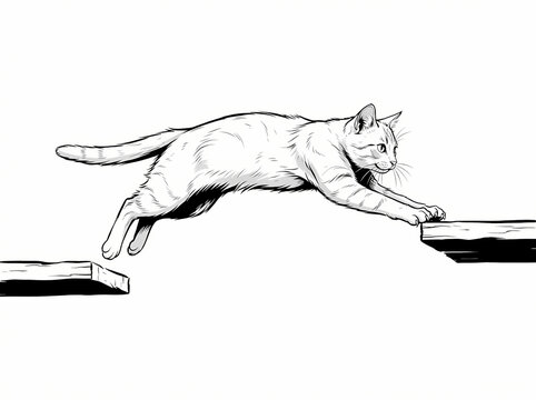A detailed black and white line drawing of a cat leaping between two platforms.