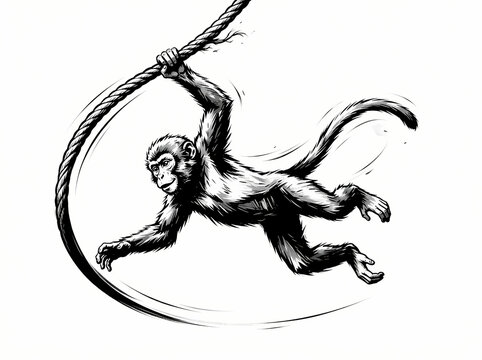 A detailed black and white illustration of a monkey swinging from a rope.