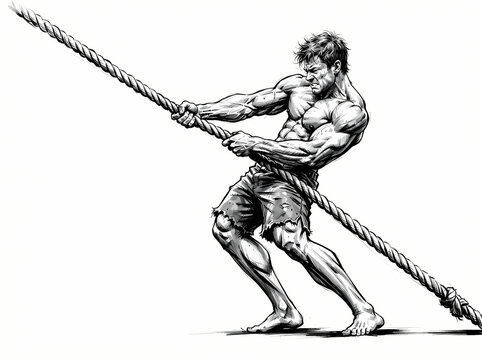A muscular man pulling a thick rope with intense physical effort and determination.