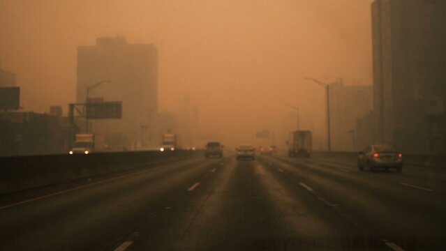 Vehicles driving on highway covered in heavy orange dust storm and thick smog