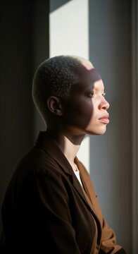 Profile portrait of a woman with albinism and dark skin with cropped platinum hair looking toward a sunlit window while wearing a brown blazer, natural diversity and unique beauty concept photography