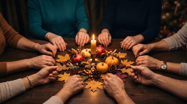 Thanksgiving family holding hands around table with candle and autumn harvest decor