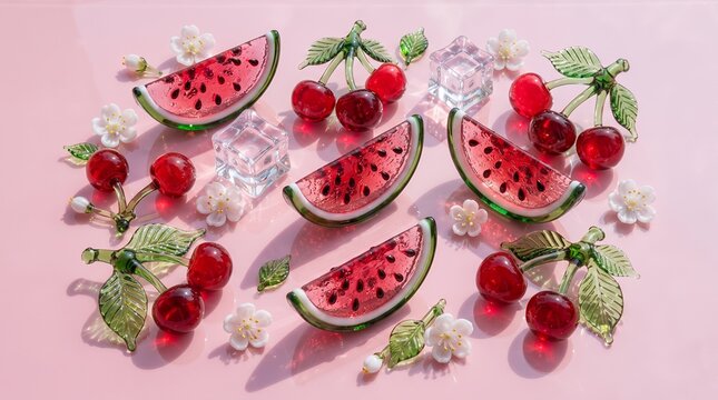 ガラス細工のスイカとチェリーが可愛らしいポップな夏素材