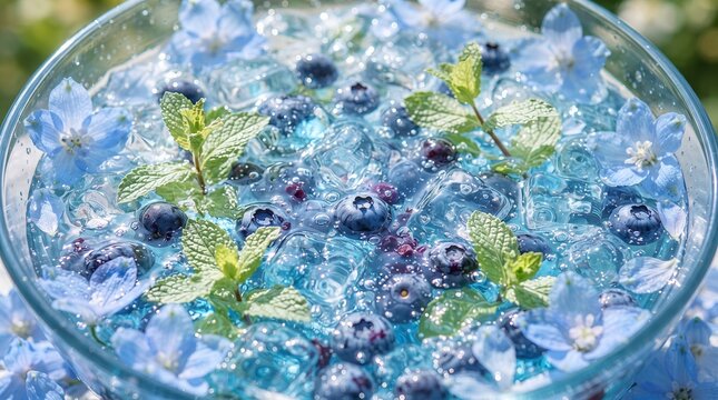 フレッシュブルーベリーと青い花が浮かぶ清涼感あふれるボタニカルソーダ