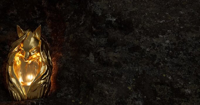 Camera moves horizontally from right to left across a dark textured stone surface, gradually revealing a glossy golden fox sculpture in a cinematic 3D animation.