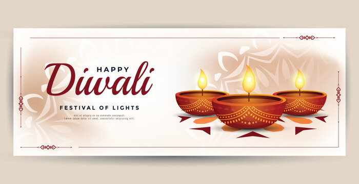 Diwali festival greeting card cover. Hindu traditional dipavali oil lamps and mandala pattern decorative background isolated white banner