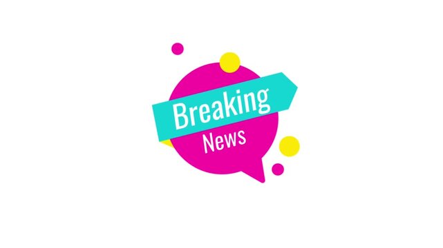 Animated flat vector "Breaking News" badge with colorful geometric circles and shapes, isolated on a white background, ideal for news broadcasts, media updates, and social media banners