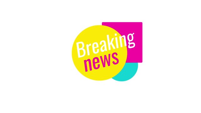 Animated flat vector tilted "Breaking News" badge with dynamic colorful shapes, isolated on a white background, great for dynamic news feeds and video intros