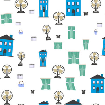 Seamless pattern of cartoon houses, fans, and curtains